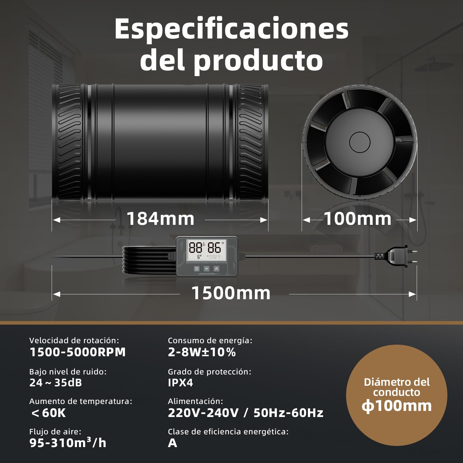 MOCINE Ventilador en línea Ø100 mm con 6 velocidades, sensor de temperatura y humedad, mando a distancia, encendido/apagado automático, funcionamiento silencioso, ideal para sótanos