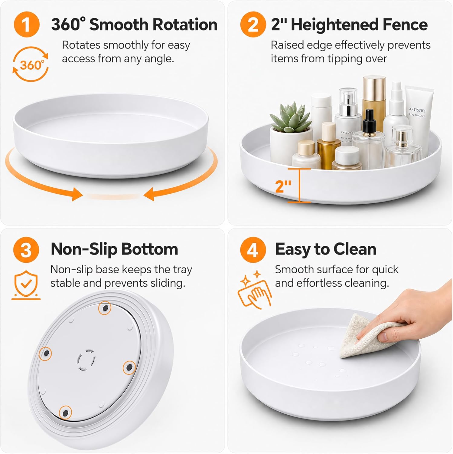 CTIME 11.8 in Lazy Susan Turntable, High Fence, Pantry or Cabinet Organizer for Spices, Condiments, and Bottles, White Plastic