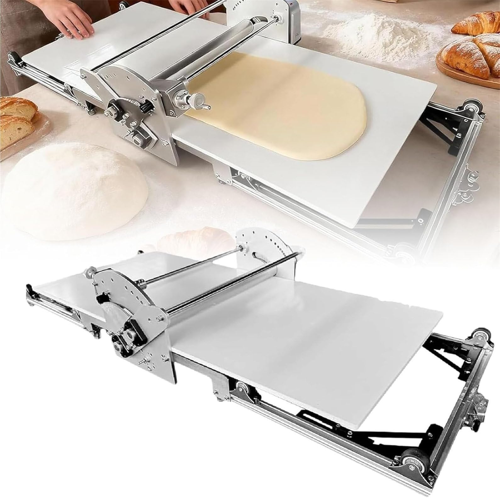 Sfogliatrice Elettrica con Piano di Lavoro in Acciaio Inox, Sfogliatrice Automatica Pieghevole, Spessore Regolabile (2-30 Mm), per Croissant E Pasta Fresca