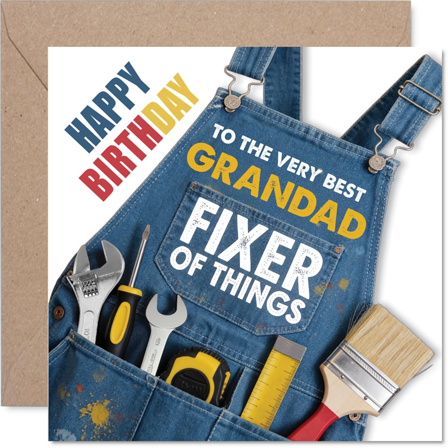 Heartfelt Birthday Card for Grandad - Celebrating the Ultimate Fixer - Denim Background with Tools and Bold Lettering - 145mm Square, Envelope Included