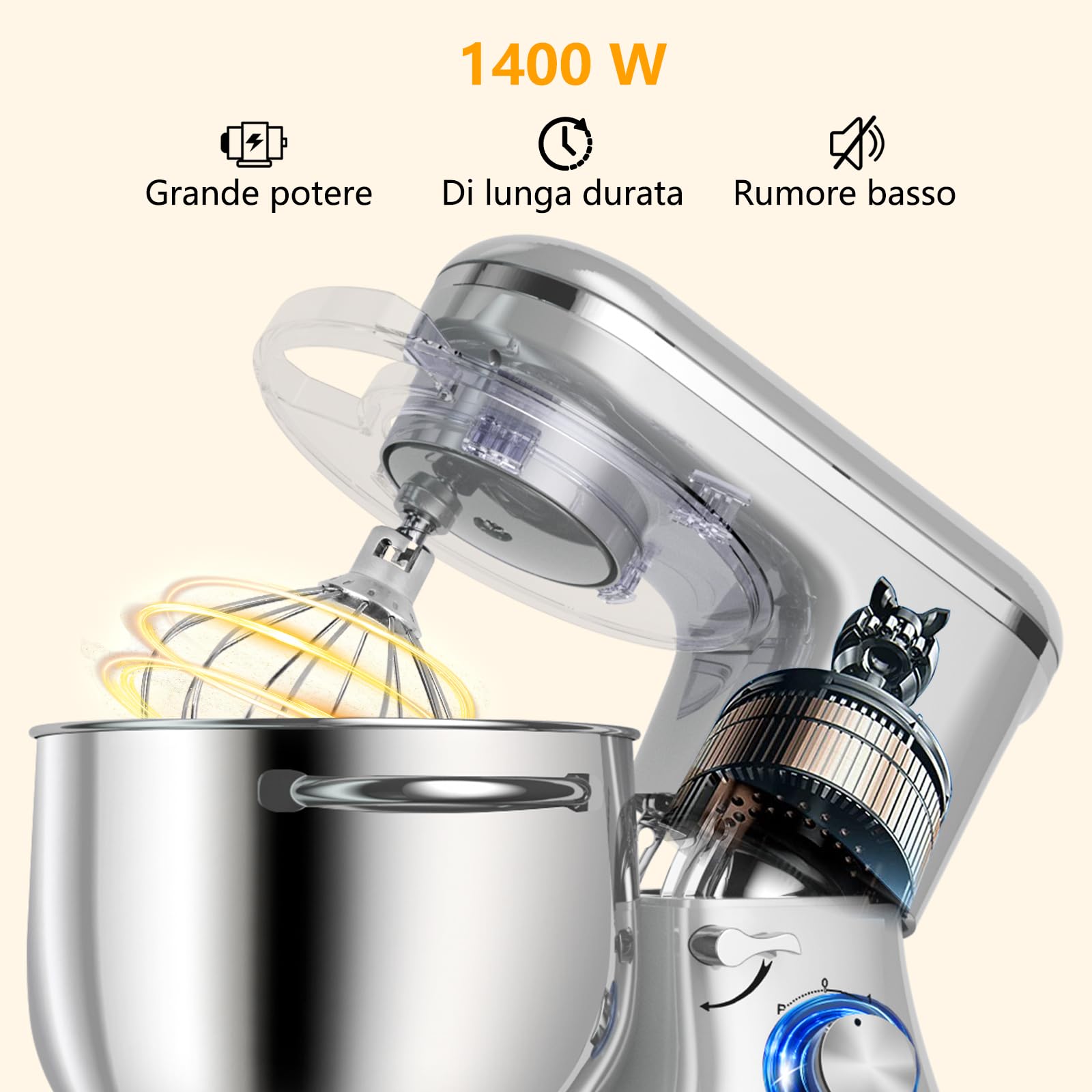 AUMATE Tilt-Head - Batidora de pie, mezclador de cocina, Impastatrice Professionale 8 Litri 1400W, Impastatrice Pizza con Uncino Impastatore (Argento, 8 L)