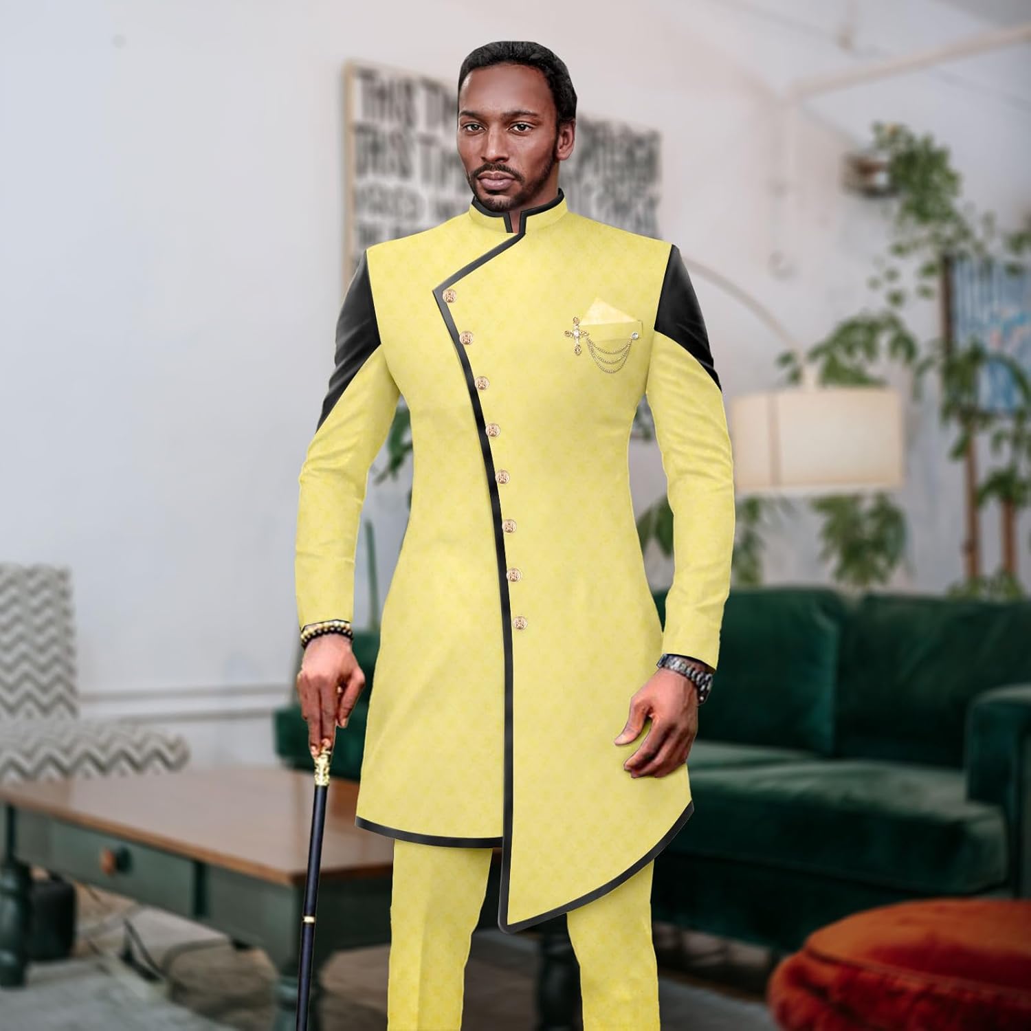 Men`s Suits African Clothes Slim Fit Single Breasted Full Sleeve Brooch PU Blazer and Pants Set