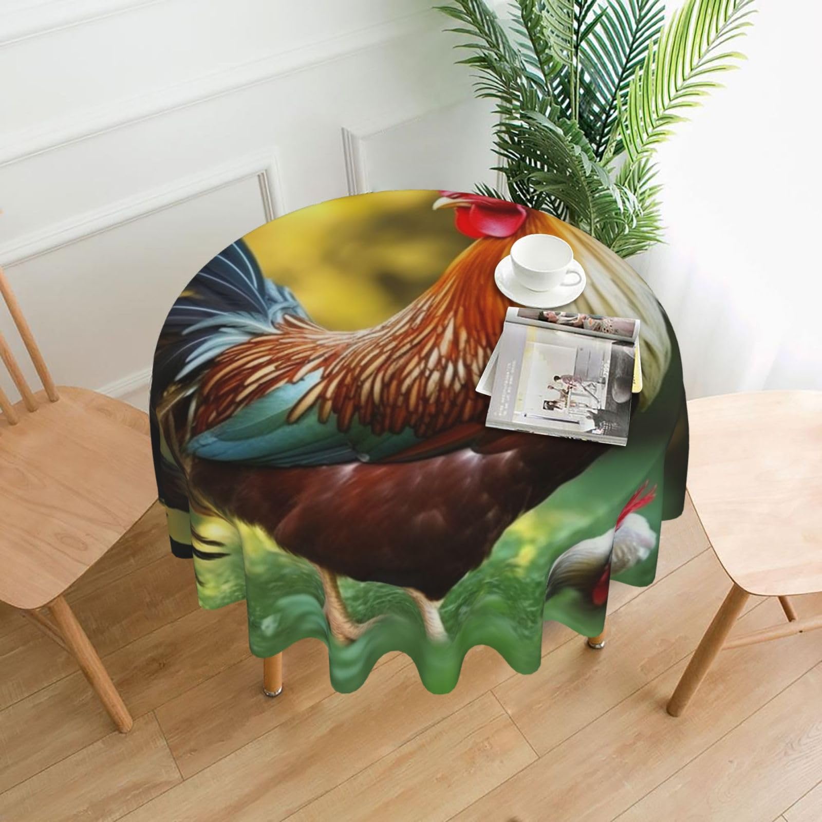 Fodpand Black Beautiful Rooster Hen Tablecloths For Round Tables 60 Inches - Reusable And Washable Kitchen Table Clothes Decorative Table Cover For Dining Tables, Buffet Parties, Wrinkle Resistant