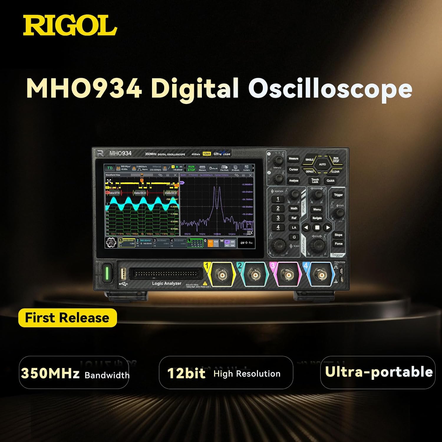 RIGOL MHO934 Digital Oscilloscope,350MHz,4GSa/s,12-bit,4+16 Ch,Wi-Fi & Bluetooth,Type-C Power,Optional AFG,Ultra-Portable