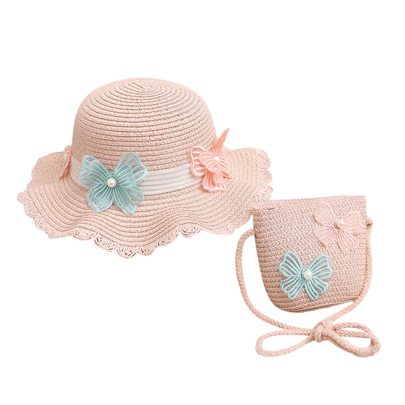 HodJIU Sombrero de Paja Niña Gorra de Sol + Bolsillo Set Verano Anti UV Gorro Paja de Playa Bolso Sombrero de Visera ​Alas Anchas para Viaje Piscina de Chicas 2-7 años