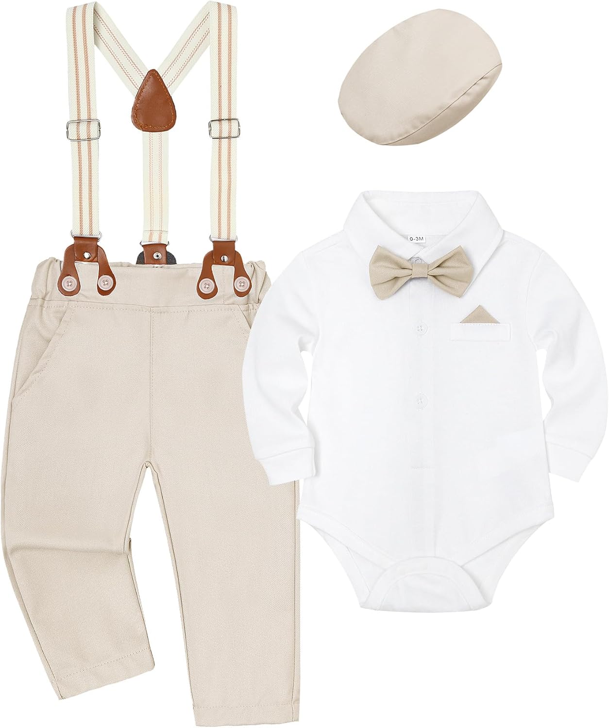 Kimocat Baby Boy Outfits Suits Infant Formal Tuxedo Suits Gentleman Wedding Shirt+Beret Hat+Suspender Pants+Bowtie