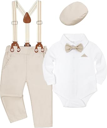 Kimocat Baby Boy Outfits Suits Infant Formal Tuxedo Suits Gentleman Wedding Shirt+Beret Hat+Suspender Pants+Bowtie