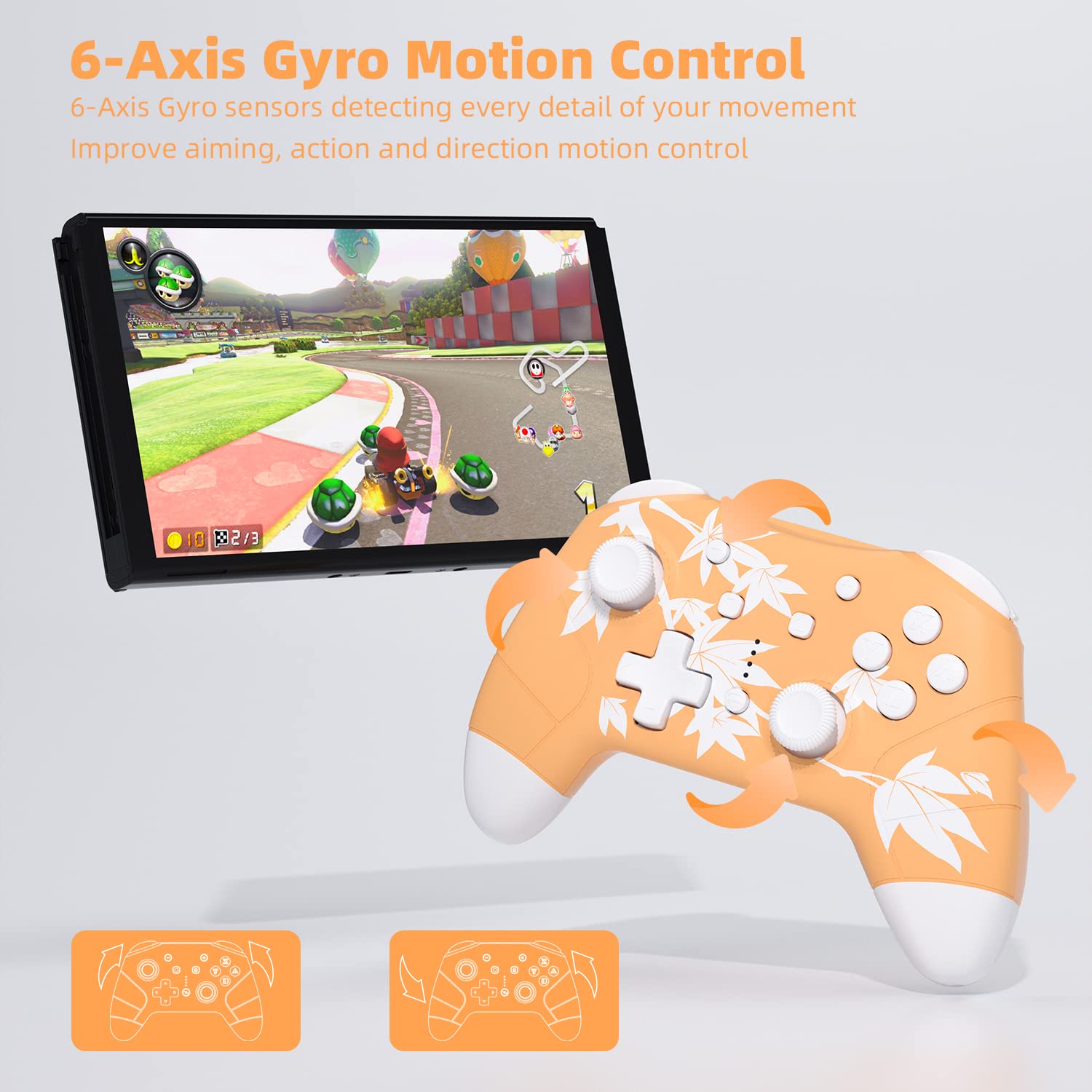 Mytrix Wireless Controller for Nintendo Switch/Lite/OLED, Cute Wireless Pro Controllers Gamepad with Wake-Up, Headphone Jack, Auto-Fire Turbo, Motion, Vibration, Maple Leaf Orange(with Instruction)