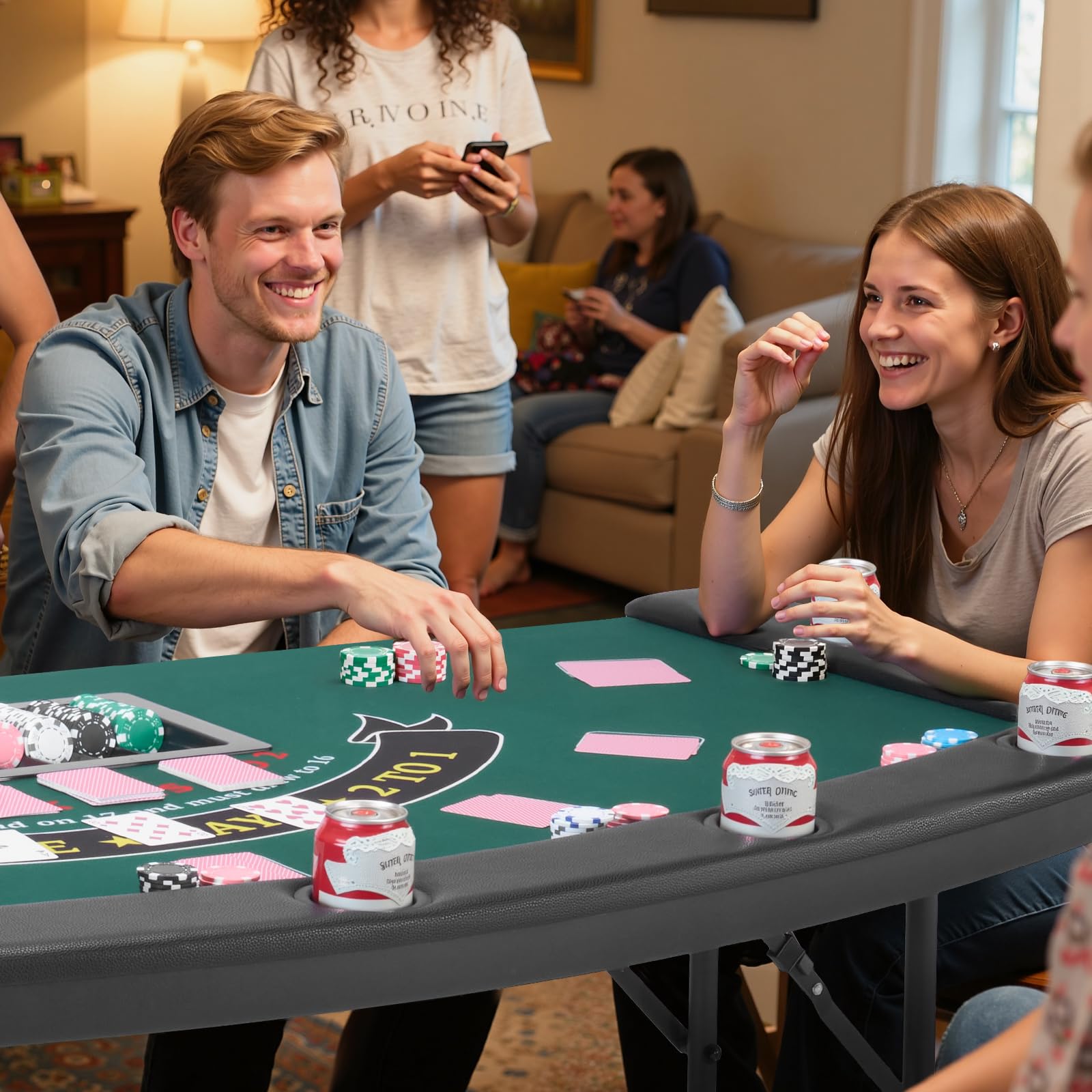 VEVOR klappbarer Pokertisch für 7 Spieler 183 cm Kasino-Freizeittisch mit gepolsterten Schienen & Getränkehaltern, Halbovale tragbare Spieltische mit Filz- und Metallbeinen