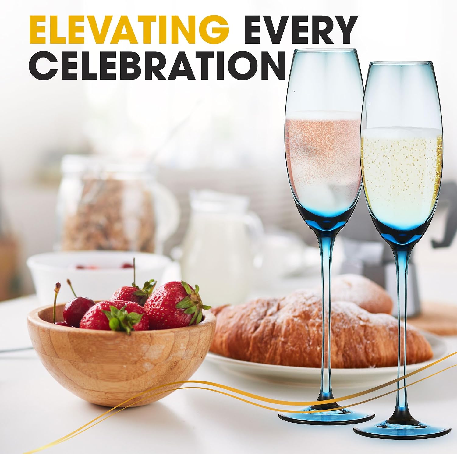 Colored Champagne Flutes Set of 4 - Elegant Champagne Glasses - 7.3oz (Blue)