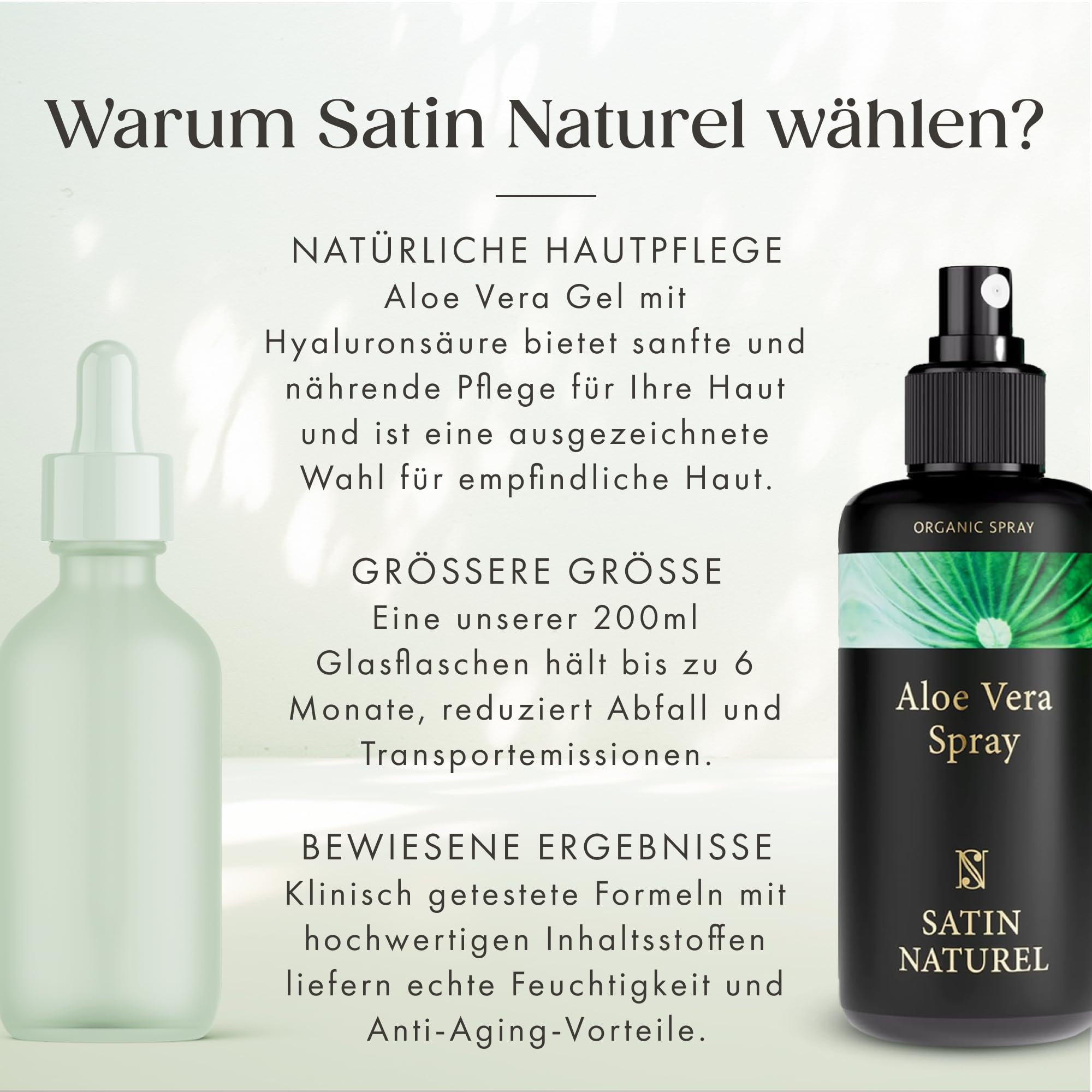 Satin Naturel Bio Aloe Vera Spray 200 ml – 100% Vegan & Naturkosmetik – Aloe Vera Spray mit Hyaluron & Panthenol – After Sun & Feuchtigkeitspflege für Gesicht & Körper