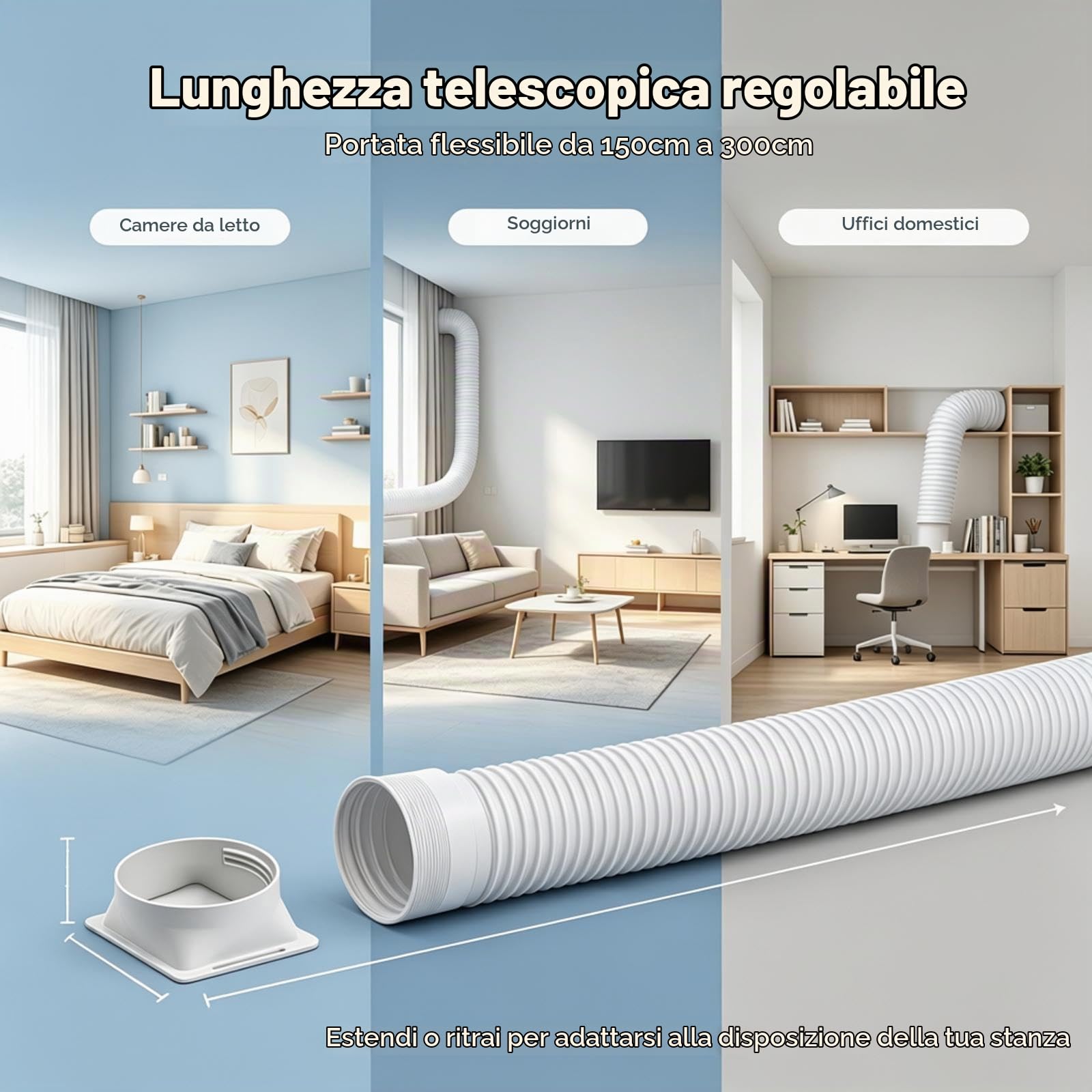 Tubo di scarico per condizionatore con connettore quadrato, costruzione in ABS e polipropilene, lunghezza regolabile per camera da letto, soggiorno, ufficio (giunzione + tubo da 250 cm)