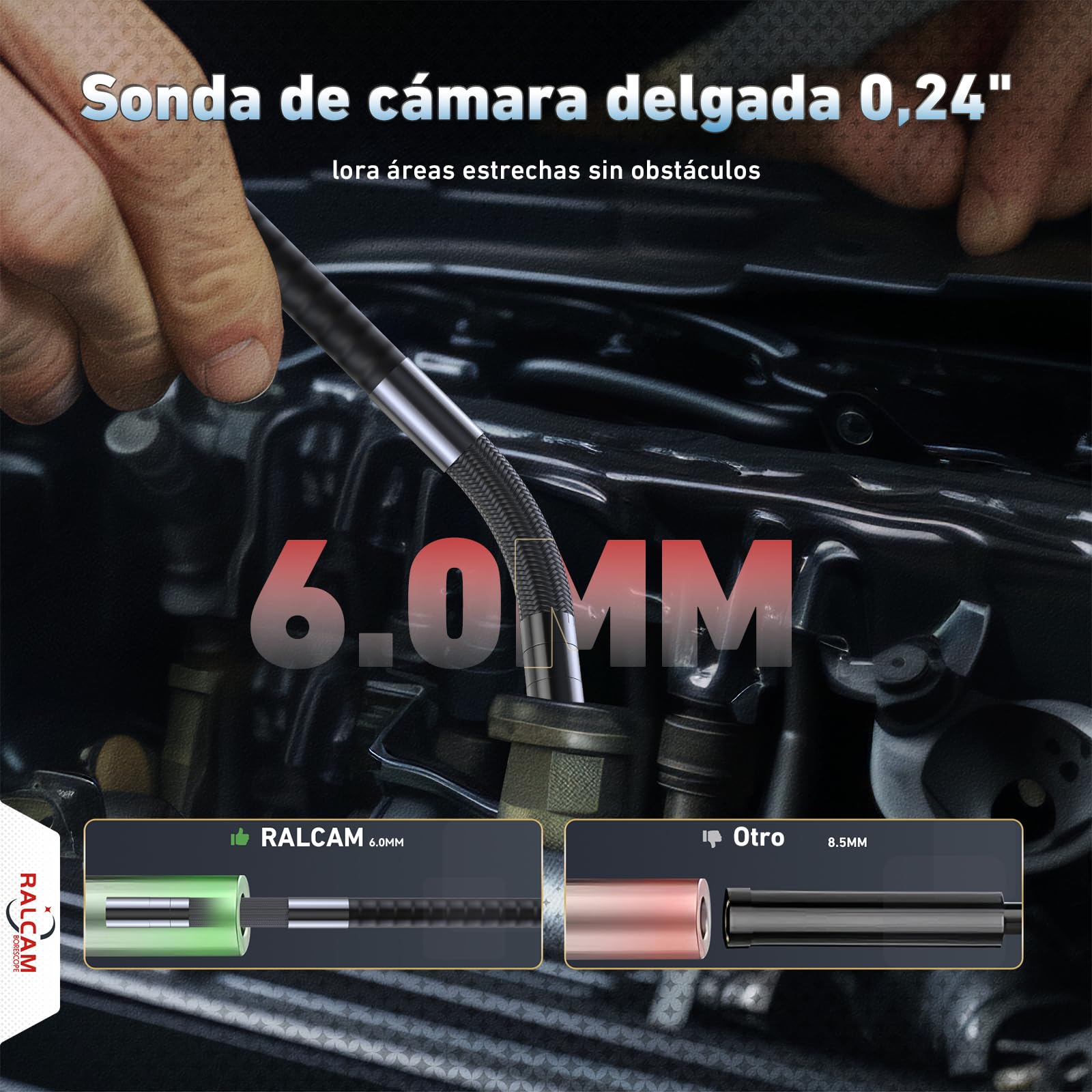 Ralcam Endoscopio 360° Ajustable con Pantalla HD 5" 1280×720, Sonda 6,2 mm con 6 Luces LED, Cable Semirrígido 1,5 m, Impermeable IP67 para Inspección Profesional