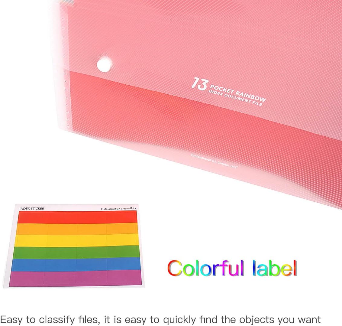 HJSMing 13 Pockets Portable File Folders/Rainbow Folder Organizer/Expandable Plastic Folders/A4 Letter Size File Organizer with Buttons-for School Office Supplies