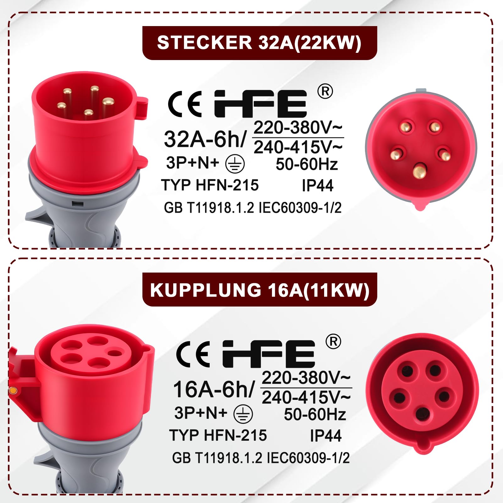 KAOLALI CEE Adapter, 32A(22KW) Stecker auf 16A(11KW) Kupplung, 5-Polig CEE Adapter 32A auf 16A, 400V, Tragbar, Schutzart IP44, 50cm