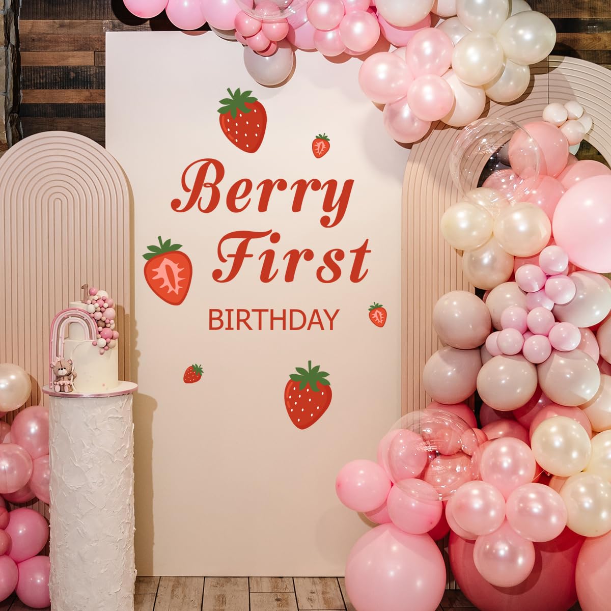 Berry First Birthday Wall Decal - Sweet One Party Sign, Strawberry 1st Party Supplies for Girls, Decorations for Balloon Arch - Berry1st Birthday