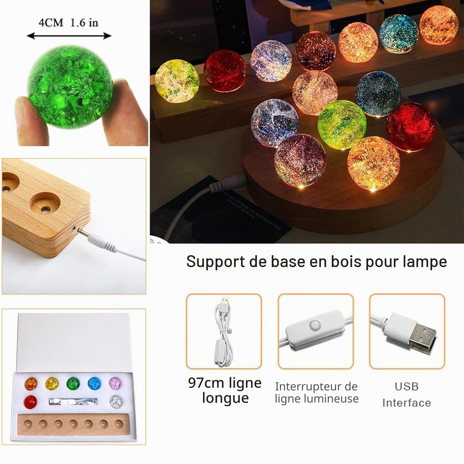 7 Couleurs Boule Chakras Boule Naturelle avec LED Support en Bois 40mm Cristal Quartz Pierre Lumineux Boule De Cristal Home Decor Ball Set(Rectangular Bases)