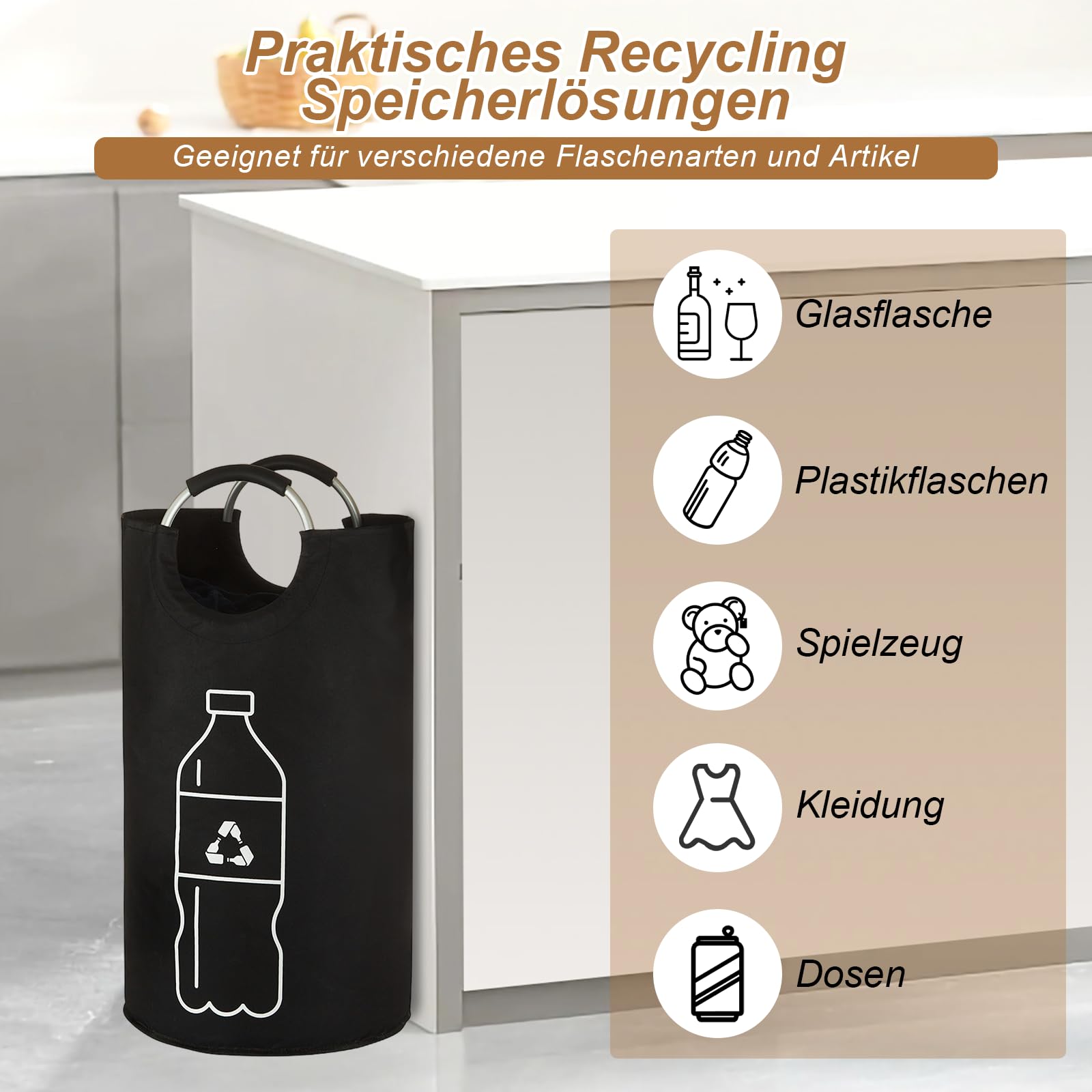 Raccoglitore di Bottiglie 115L, Pattumiera Differenziata per Carta Plastica Vetro, Contenitore Cucina con Manico in Alluminio—Nero