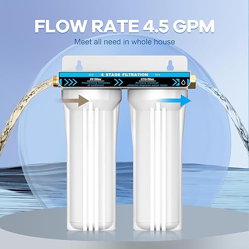 Miniatura 4 de Sistema de filtro de agua doble para RV, sistema de filtración de agua de 4 capas y 2 etapas, elimina sedimentos, cloro, metales pesados, olores,