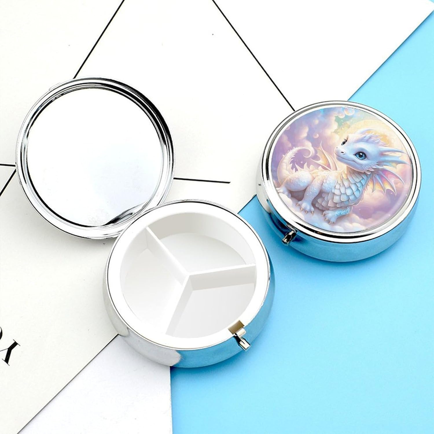 White Dragon Round Pill Box with 3 Compartments & Mirror image 3