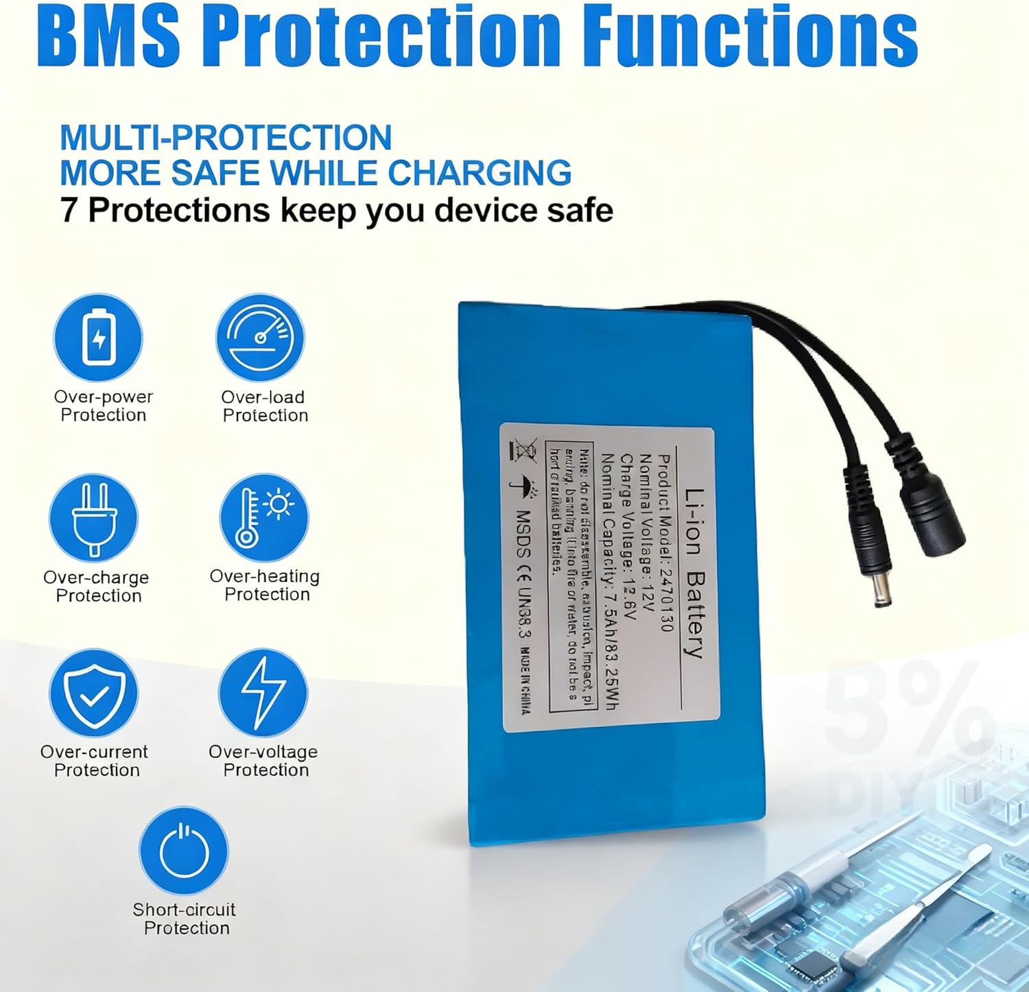 12V 7.5Ah Rechargeable Lithium Battery Pack with Charger and Full DC5521 Connector Kit for DIY Electronics, CCTV, LED Strips, and RC Projects - Image 5