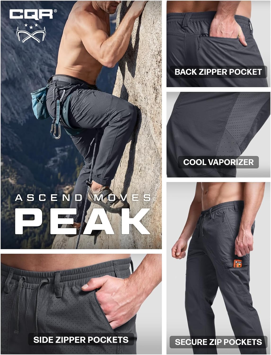 CQR Men's Lightweight Vent Hiking Pants, Water-Resistant & Breathable Sports Outdoor Athletic Pants with Elastic Waist - Image 8