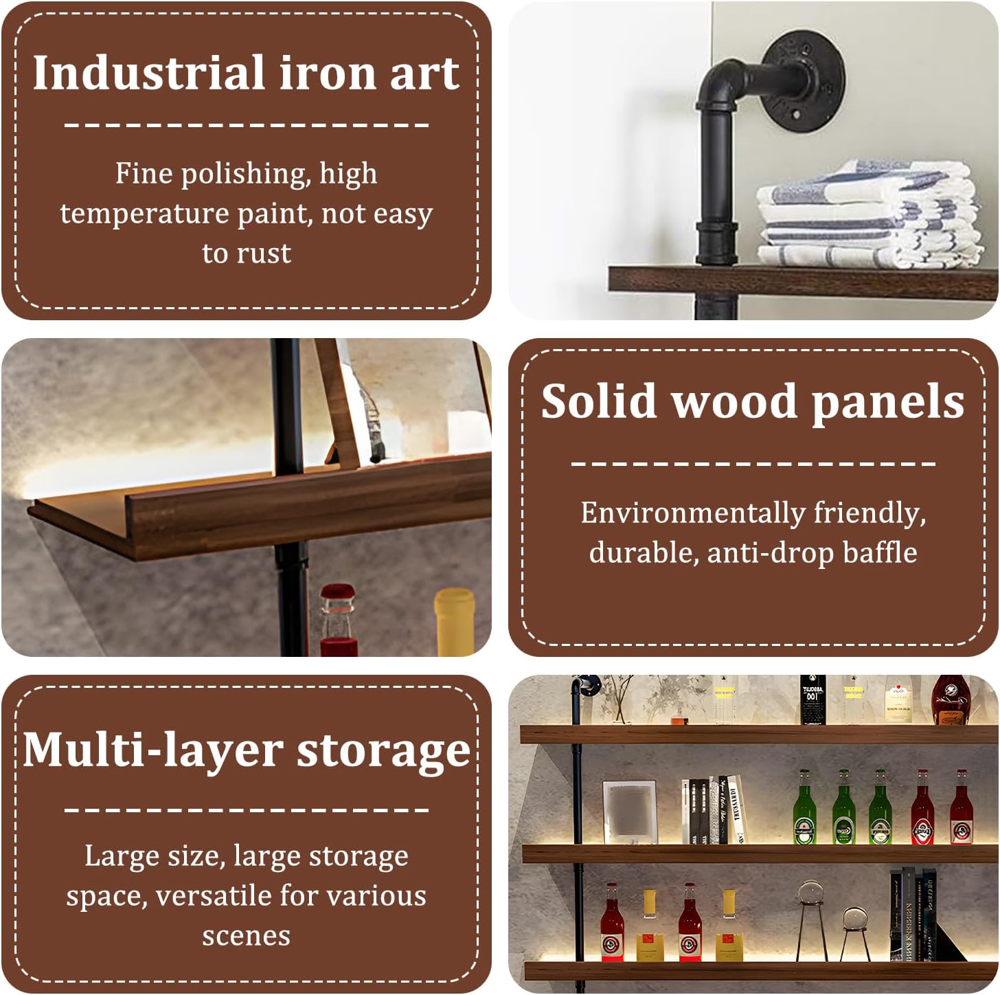 Wall Mounted Solid Wood Wine Rack, Large Wine Rack with LED Light, Industrial Pipe Bar Shelf, for Home Bar, Dining Room & Kitchen (80cm/31.4in)