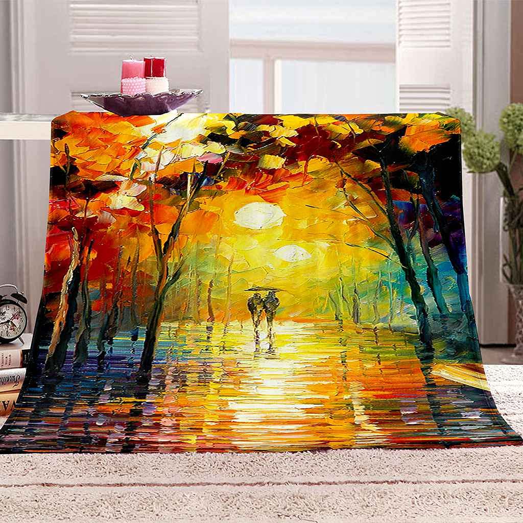 Couverture flanelle 130x150 cm motif paysage de peinture à l'huile pour lit