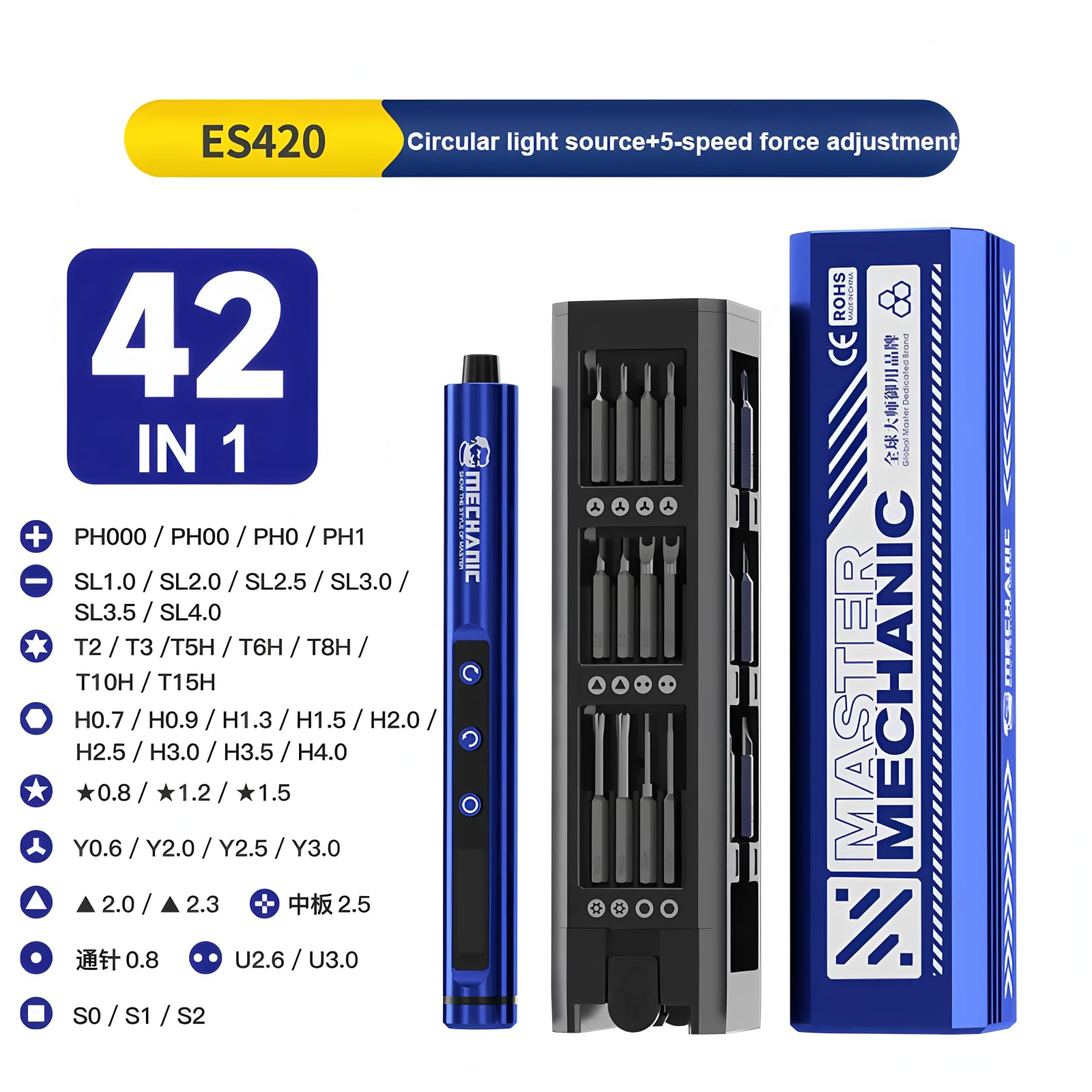 Kit strumenti di riparazione MECHANIC ES420, cacciavite elettrico 42-in-1 con luce LED, punte magnetiche, modalità doppia elettrica e manuale