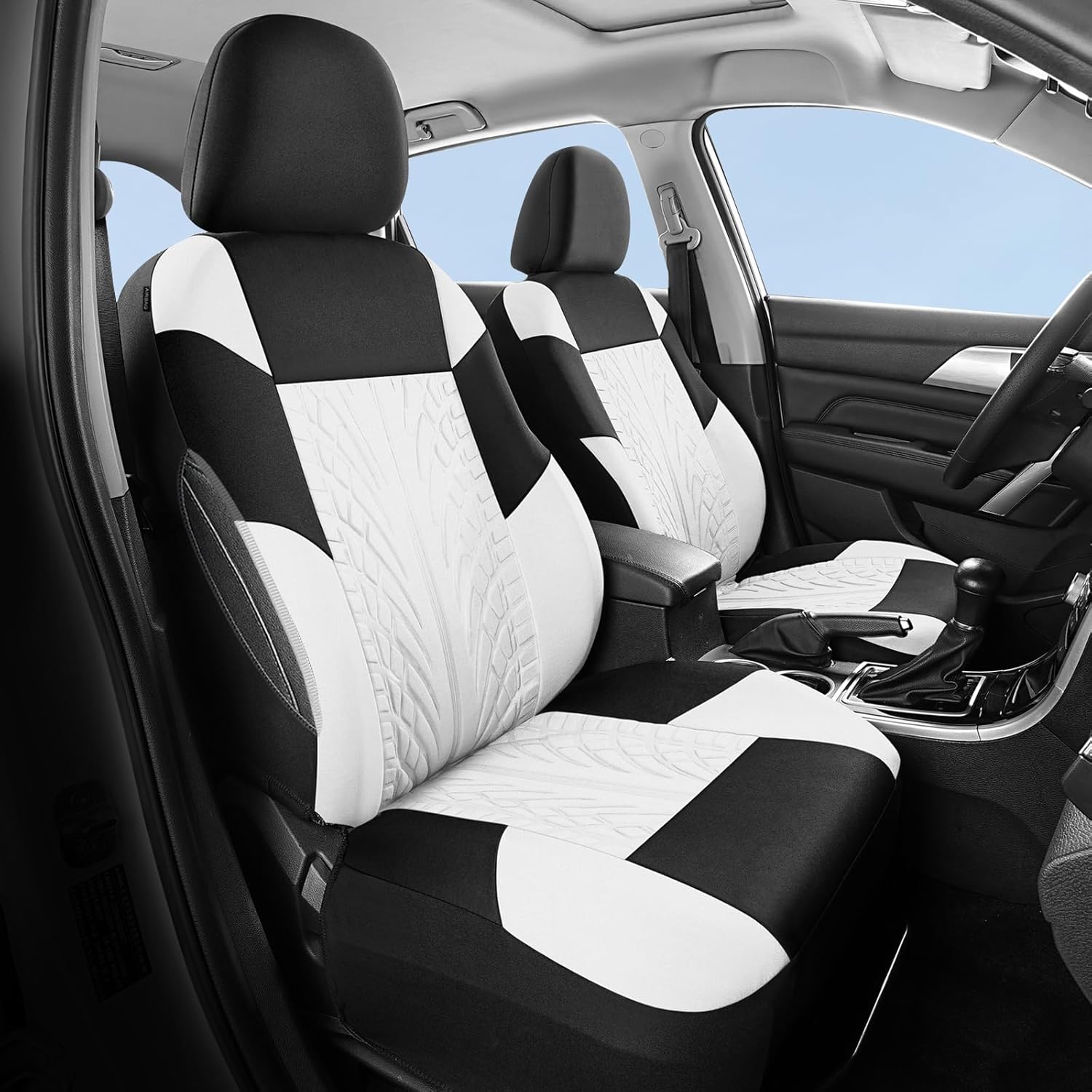 Car Seat Covers Full Set, Cloth Seat Covers, Washable, Quick Setup, Airbag Compatible Car Seat Protectors, Universal for Most Cars, Trucks, SUVs (Black + White)