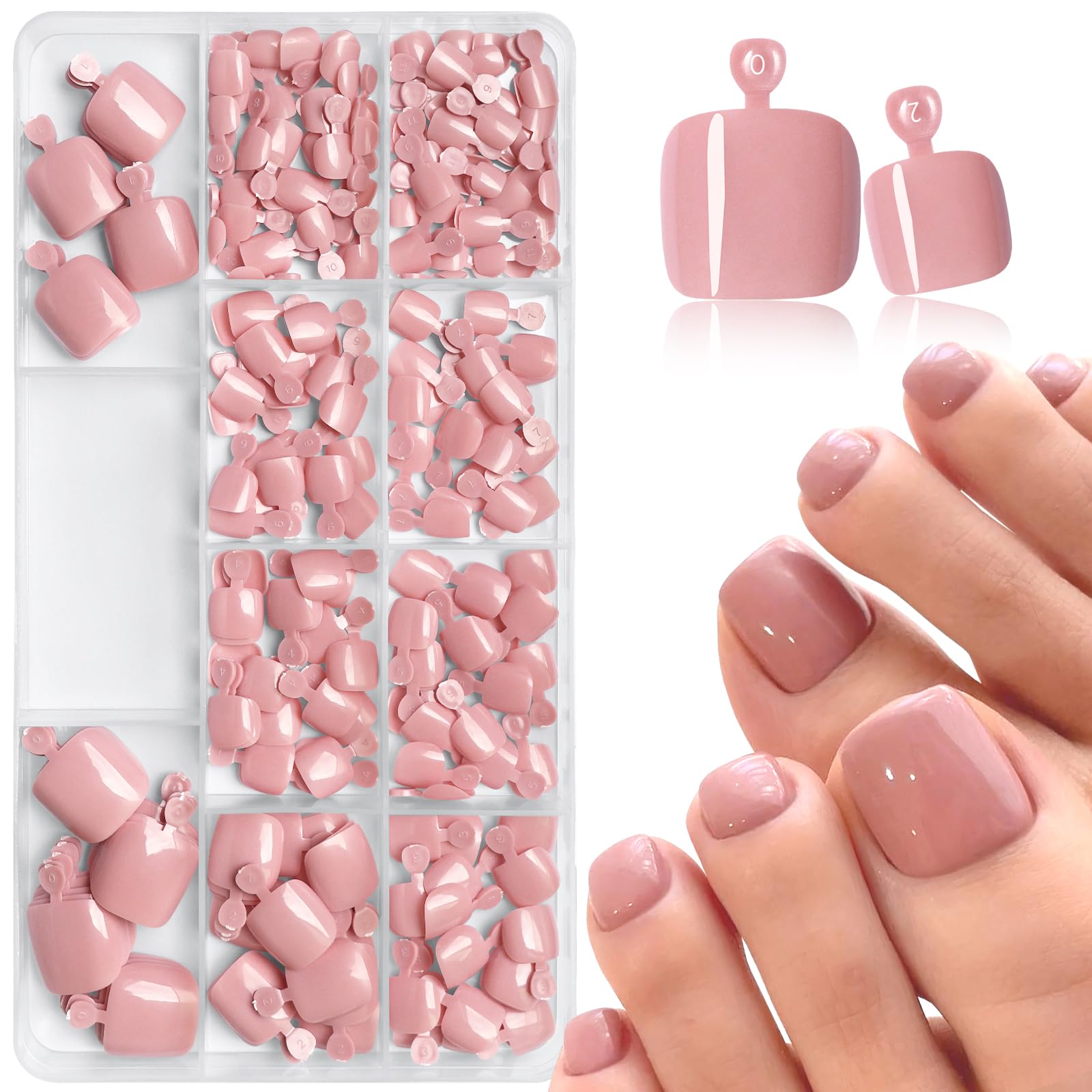 AddFavor Deep Pink Press on Toenails for Women, 240pcs Toe Nail Press ons Short Square Deep Pink Fake Toe Nails Acrylic Toe Nail Tips, 12 Sizes Glue