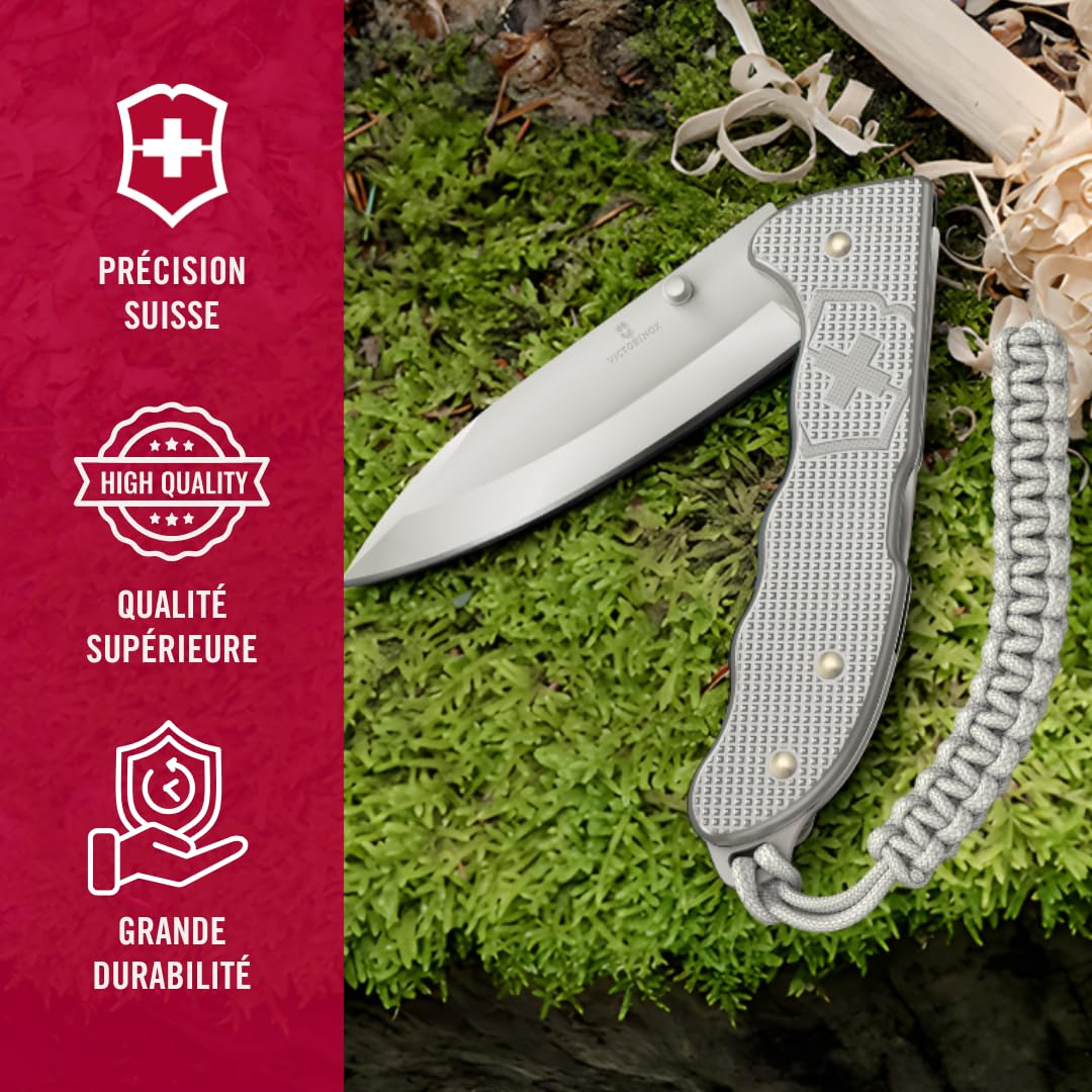 Victorinox Couteau Suisse Hunter Evoke Alox, Couteau Pliant Outdoor, 5 Fonctions, y c. Lame 10 cm et Attache en Paracorde, Argent