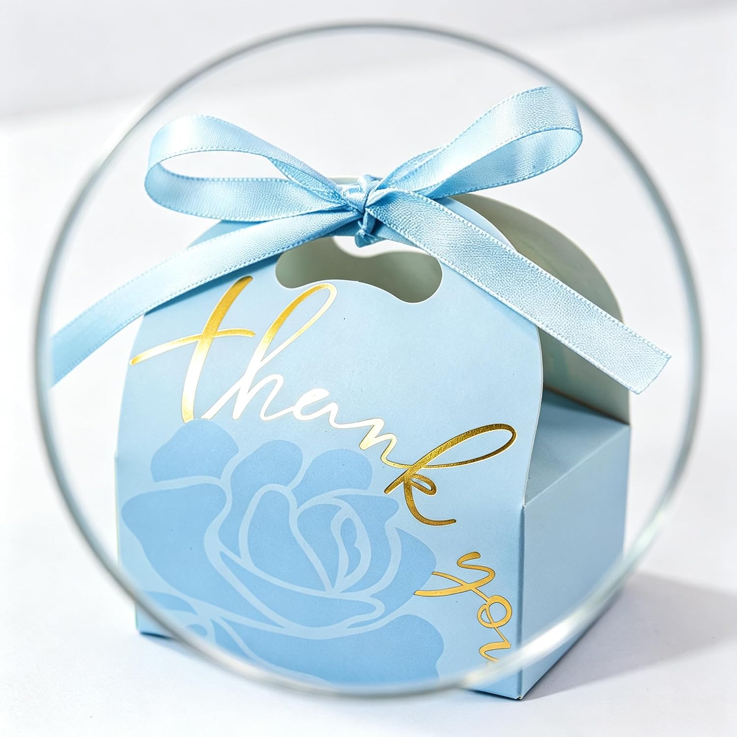 30 PCS Set Rose Thank You Party Favor Boxes with Satin Ribbon, 5.12×3.94×2.56 Inch Foldable Gift Candy Treat Boxes, Wedding Bridal Shower Birthday Banquet Guest Thank You Gift Boxes (Baby Blue) image 5