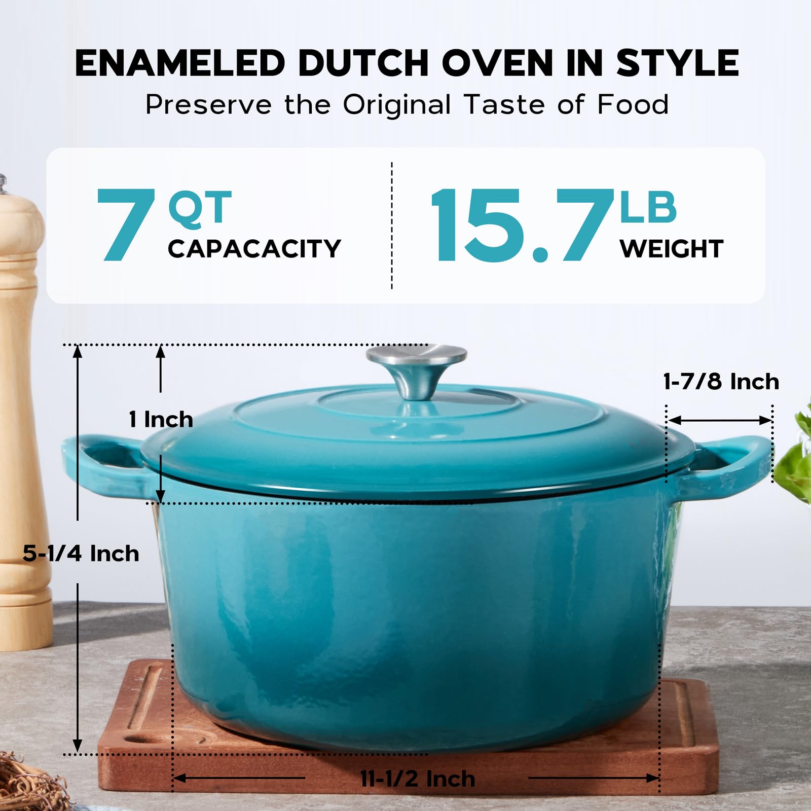 Onader 7QT Dutch Oven Pot with Lid Cast Iron Large Pot for Bread Baking Round Dutch Oven Enameled Heavy Duty Cookware - Dark Cyan