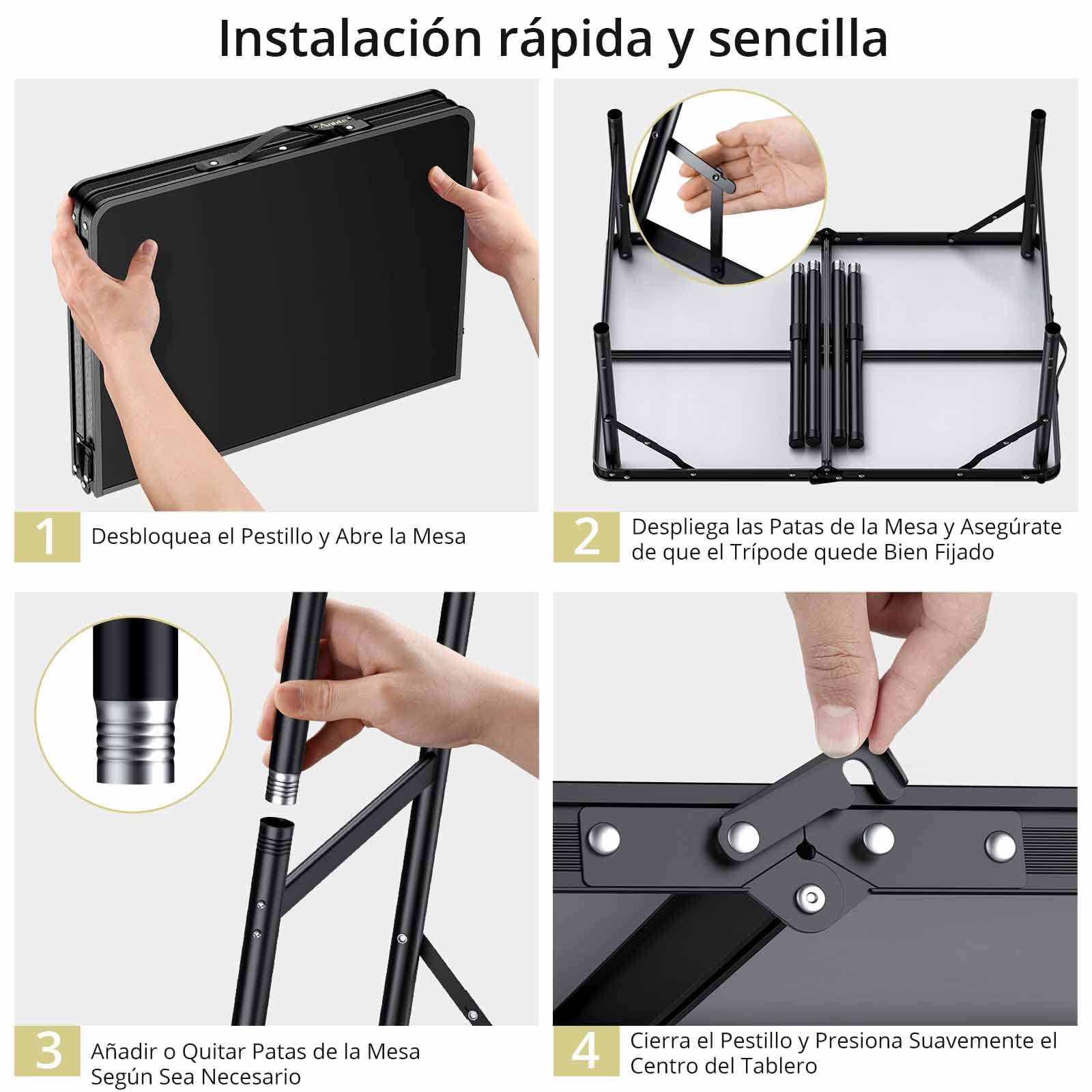 Anbte Mesa Camping Plegable 90x60x37.5/74.7cm Mesa de Acampada Portátil Aluminio Impermeable Resistente a La Oxidación para Balcón/Picnic/Playa/Barbacoa-Negro
