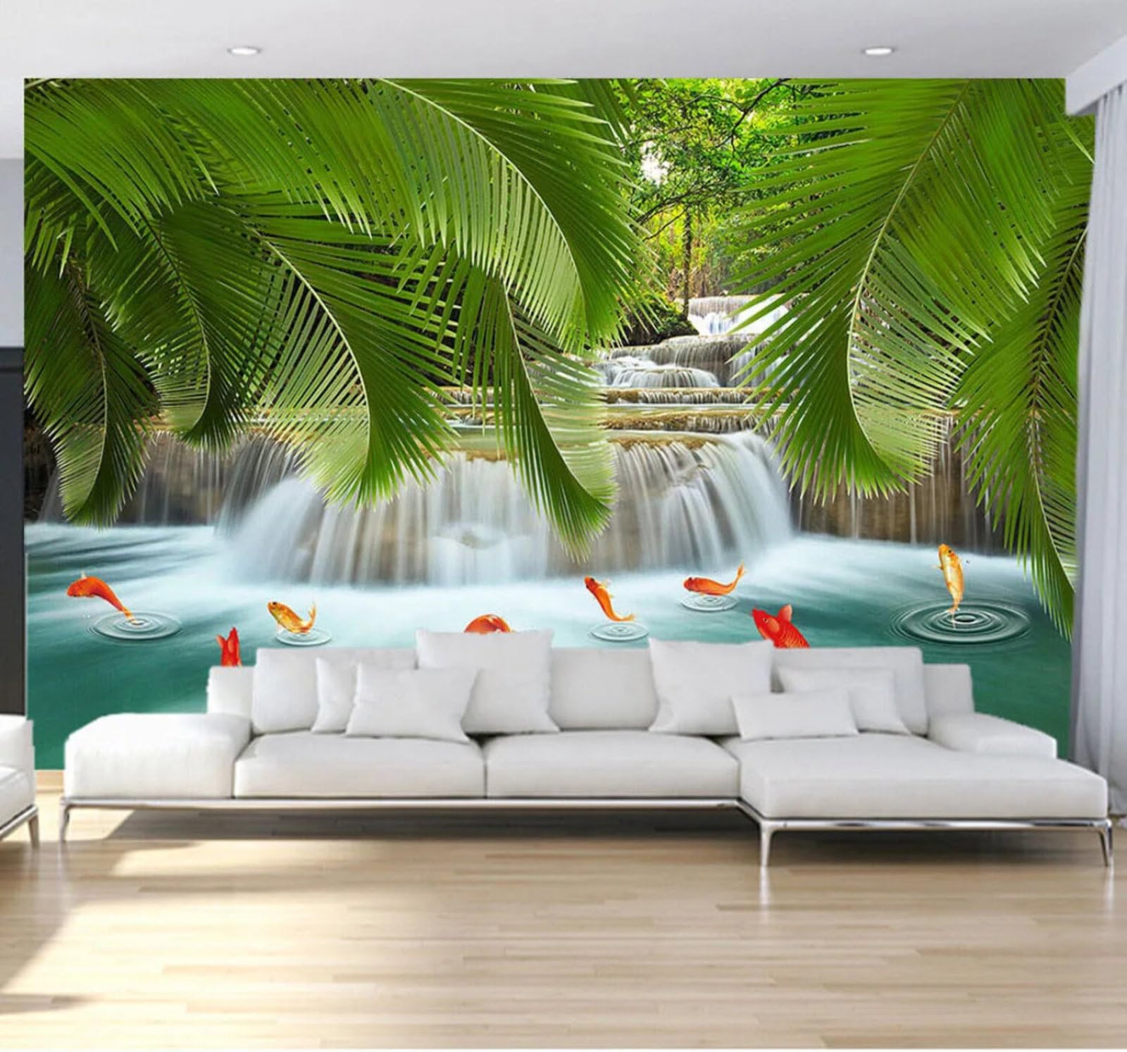 Wallpaper-3D-Xlm 250Cm×170Cm(B×H) Fresh Green Banana Leaves Waterfall Small Fish Landscape 3D Wallpaper Easy Install Feature Office Living Room Sofa Bedroom Tv Background Wall Decoration-250Cm×170Cm