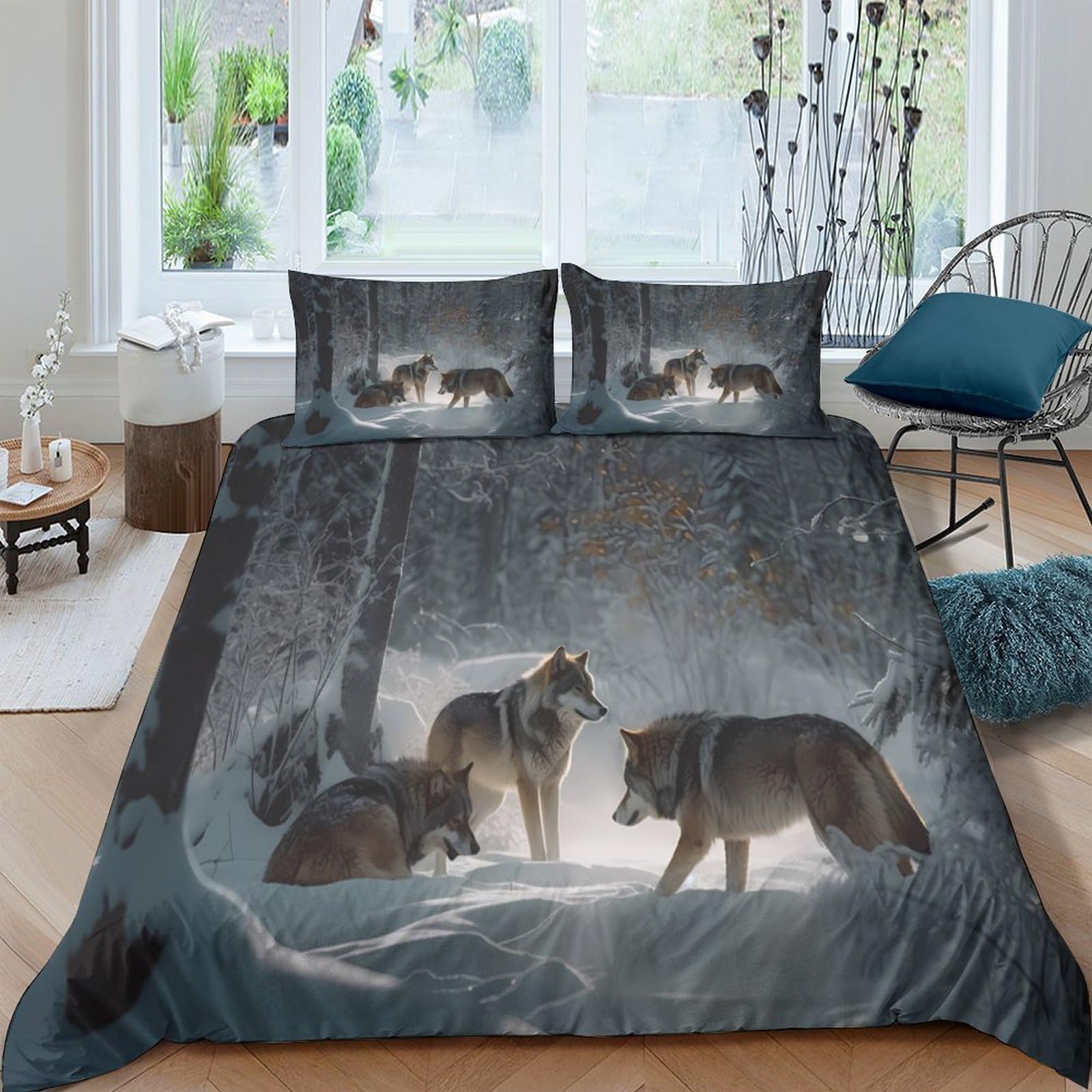 GPLZQXKJNH 3D Printed Wolf Forest Duvet Cover Microfiber Grey Nature Bedding Set with 2 Pillowcases for Bedroom Decor Single（135x200cm）