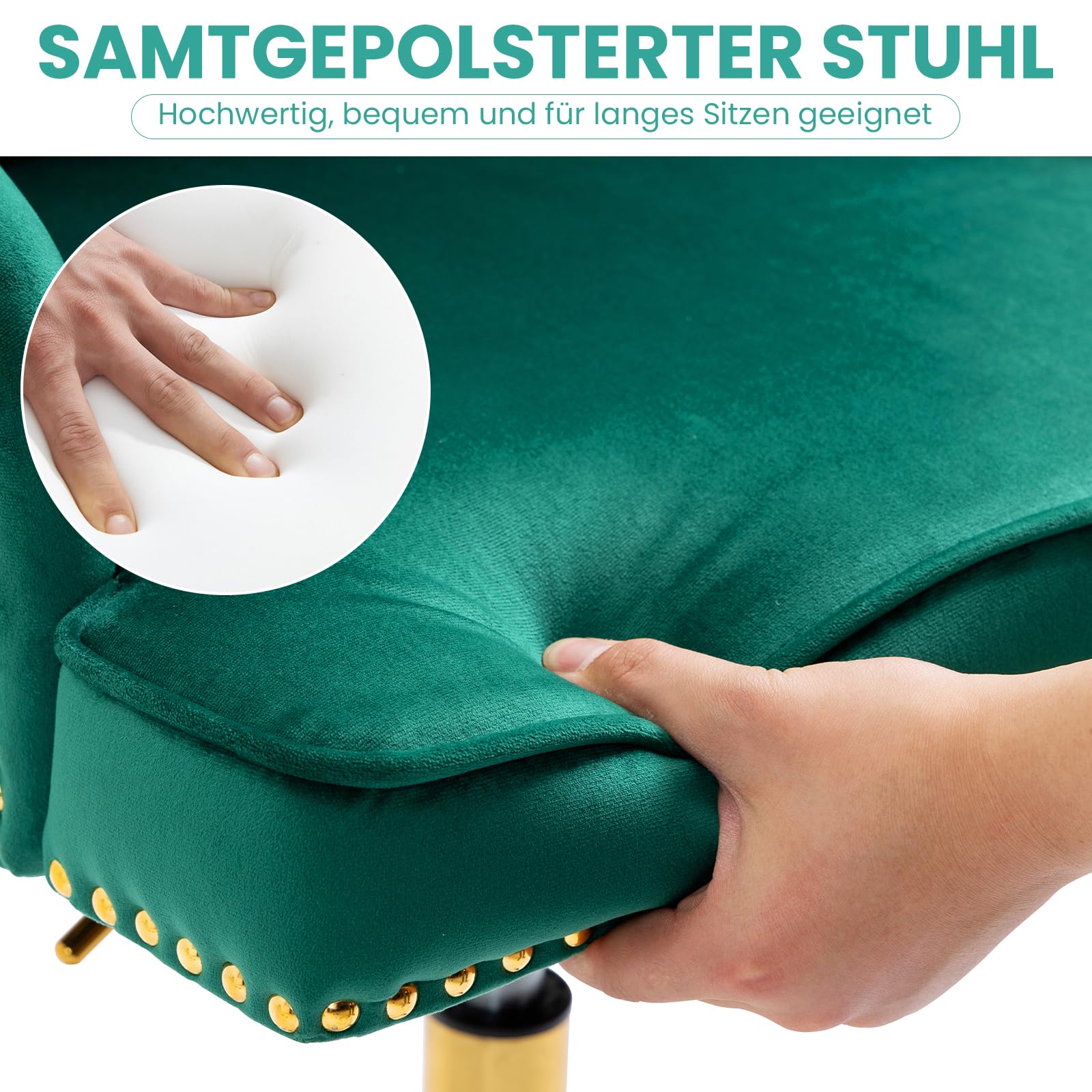 Bürostuhl aus Samt, Drehbarer Schreibtischstuhl mit Rollen, Höhenverstellbarer Schminkstuhl mit goldenen Beinen, Modern für Büro, Schlafzimmer oder Schminktisch, Belastbar bis 135 kg (Grün)