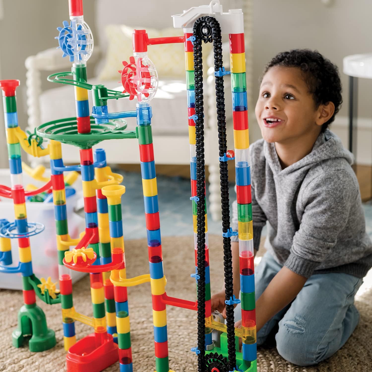 MindWare Colossal Elevator Marble Run – 400-Piece Marble Maze Building Toys Set with Unique Marble Track Pieces, 150 Tubes, 9 Funnels, 50 Marbles and More with Wheeled Storage Bin