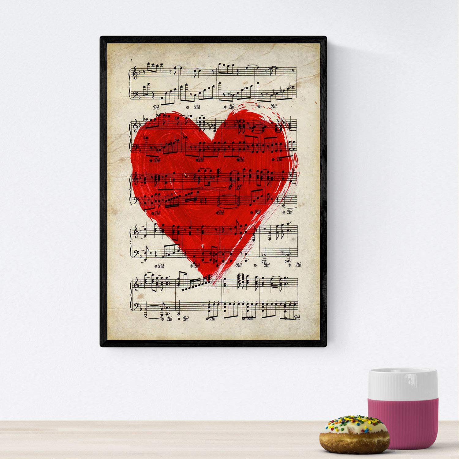 Nacnic POSTER OF HEART ON SHORTH. Pictures of images with sheet music. Music design for the home. A4 size with frame โ image 1