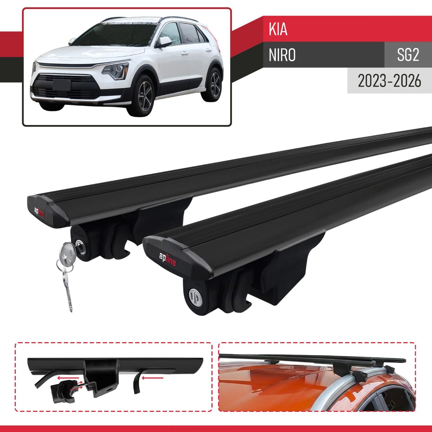 Compatible con Kia Niro 2023-2024 Hook Model Barras de Techo Auto Portaequipajes Barras Transversales Negro Aluminio 2 Barras