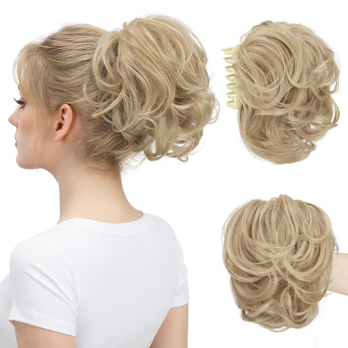 youngways Claw Clip Short Ponytail Messy Bun Hair Piece Bendable Hair Branch Extensions Fluffy Wavy Curly Synthetic Versatile Dirty Blonde Hairpieces