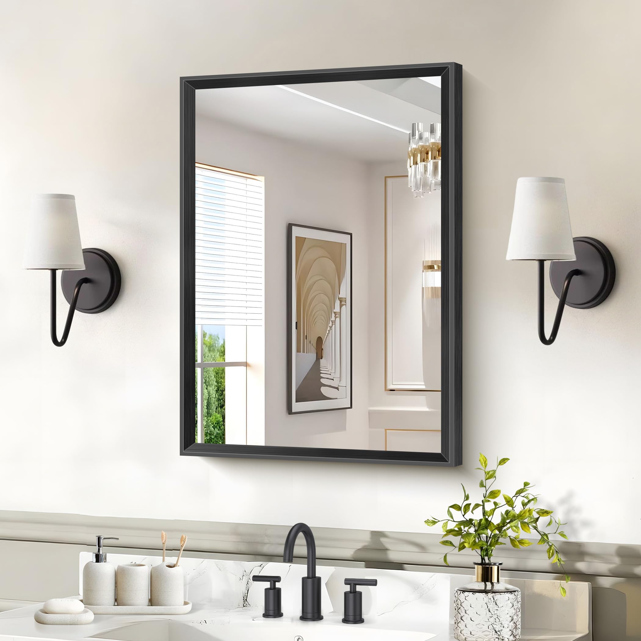 Black Bathroom Mirror 18x24 Inch Rectangle Beveled Edge Frame Bathroom Vanity Mirror for Over Sink Thick Frame Brushed