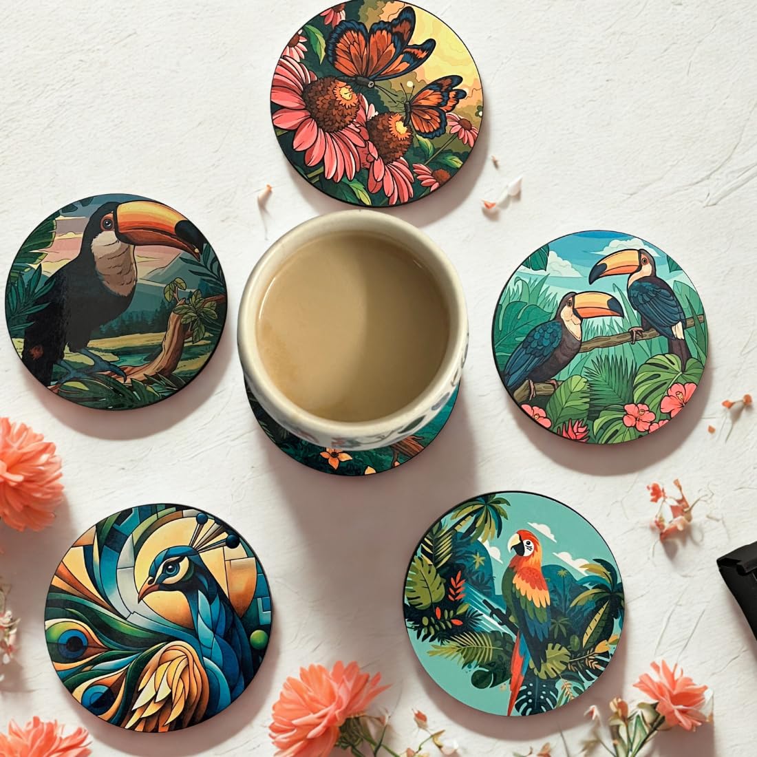 Zesta Coasters for Cups Set of 6 / Wooden Coasters for Bar Accessories for Home/Tea Coaster Set of 6 / Waterproof Dining Table Decor Glass Cover (Birds, Circle)