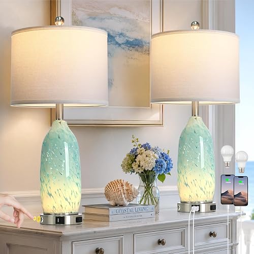 Rinweey 26'' Bule Glass Table Lamps Set of 2,Nautical lamp with USB A+C Ports & AC Outlet,Coastal Bedside Lamps with 3-Way Dimmable Touch Control Night Light for Bedroom Living Room,Sky Blue