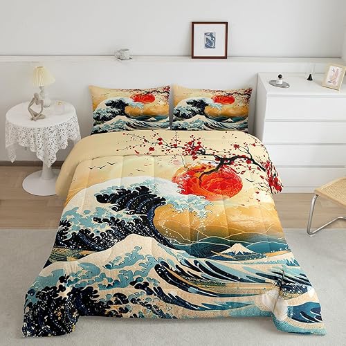 Miniatura 14 de Feelyou - Juego de edredón de olas japonesas tamaño queen para niños, flores de cerezo, edredón para niños, niñas y adolescentes, decoración de Azul
