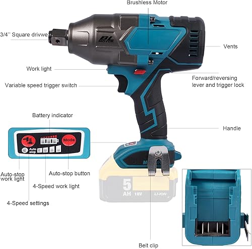 Miniatura 2 de FSYAO Par máximo de 1100 ft-lb(1500 Nm), llave de impacto inalámbrica de 20 V 34 pulgadas, sin escobillas, ajuste de 4 velocidades, arranque y