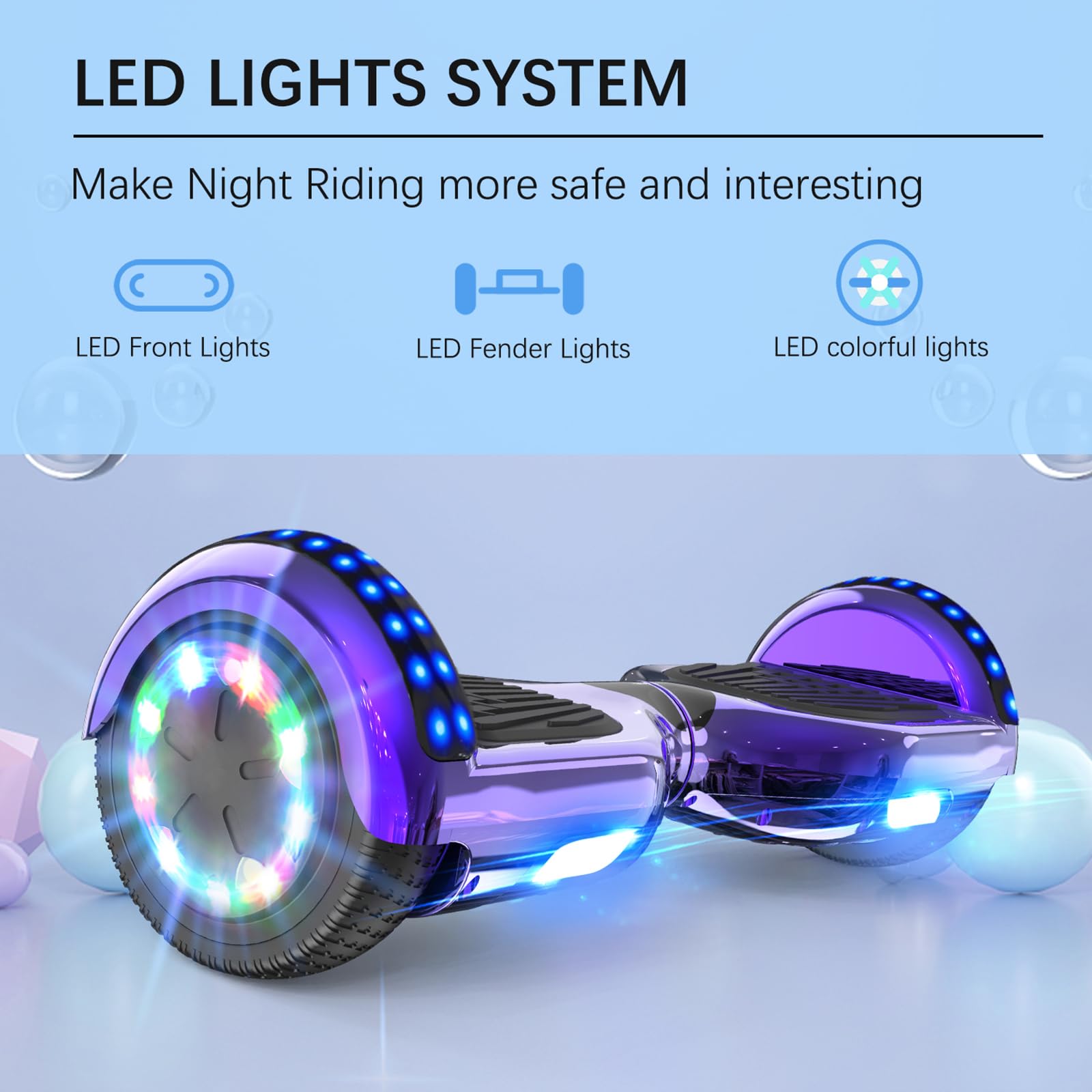 RCB Hoverboard dla dzieci i dorosłych, 6,5", segwayi z Bluetooth, głośnik, kolorowe światła LED, prezent dla dzieci i nastolatków
