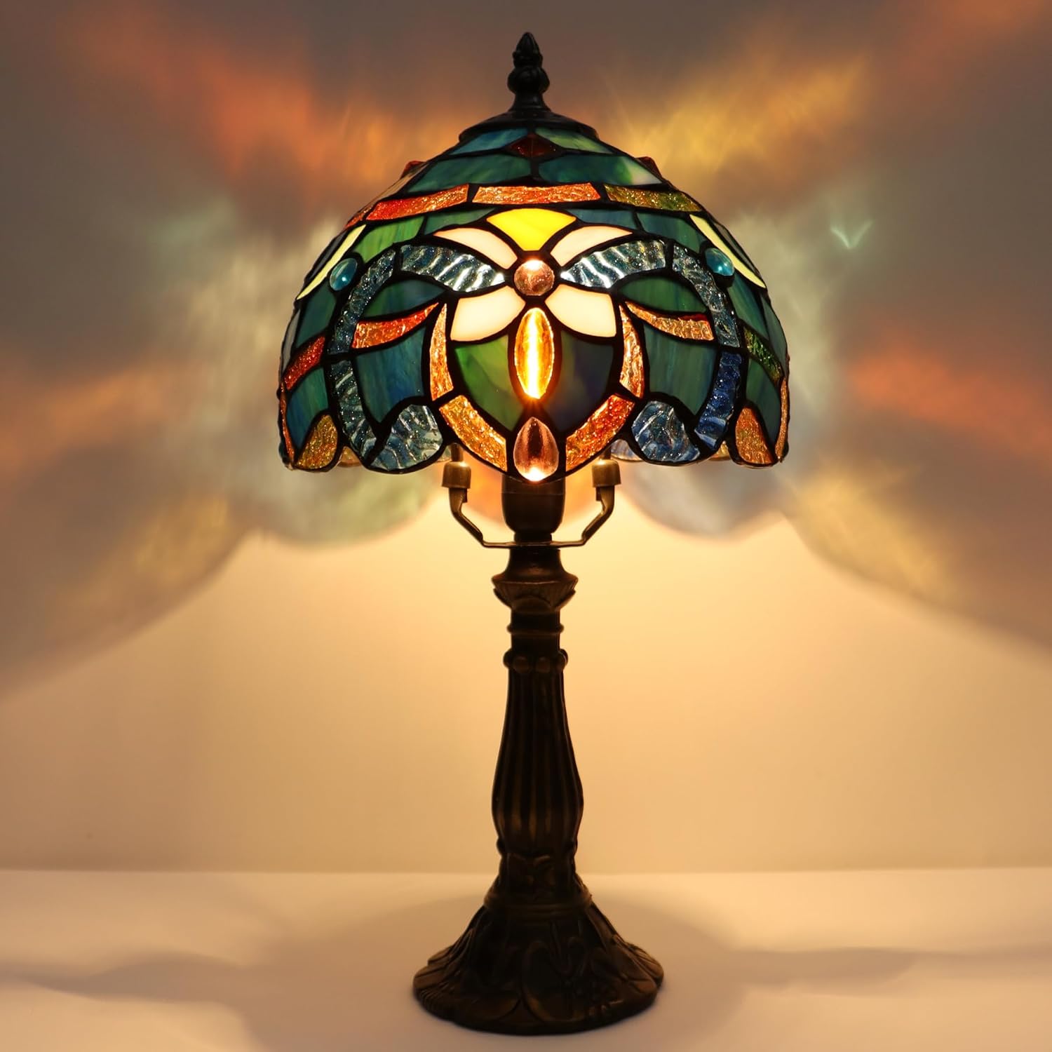 Small Tiffany Lamp Mini Accent Table Lamp Stained Glass Desk Memory Lamp Sympathy 8X14.5 Inch (Blue Baroque Style)