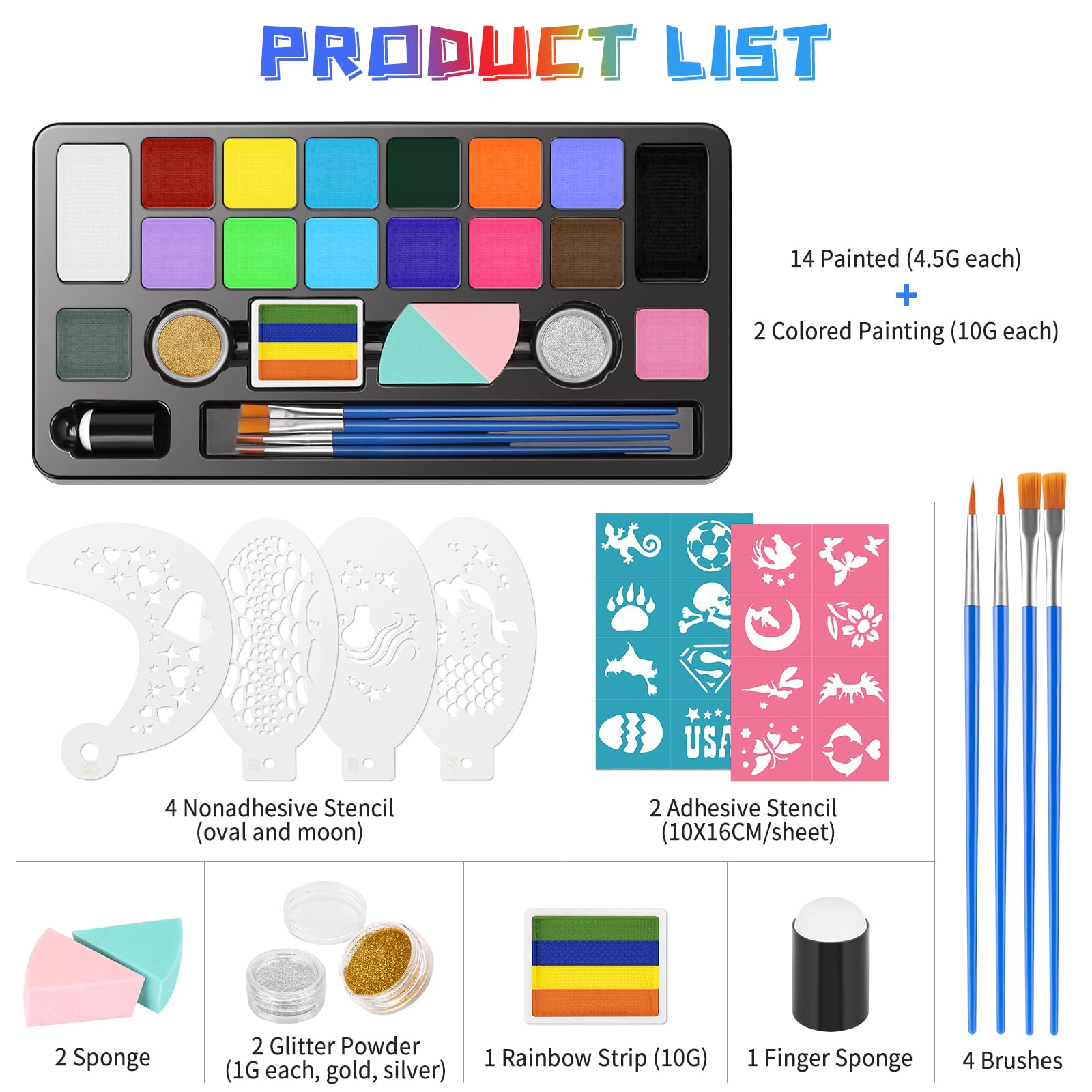 Face Painting Kit 16 Colors 32PCS Face Painting Kit, Brushes Sponges, Glitters, Brushes, Halloween Makeup Kit Professional Face Paint Kids Non Toxic Face Paint Kit for Kids